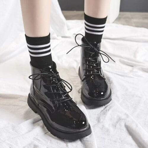 Round Toe Med Heel Boots Women Shoes Autumn Boots-women Booties Ladies Lace Up Luxury Designer Lolita Black 2021 Rubber Flat