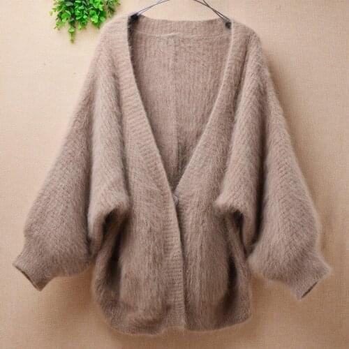 Ladies women spring winter thick V-neck hairy mink cashmere knitted long sleeves cardigans plus size jacket angora coat sweater