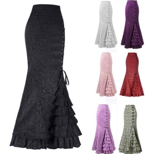 Sexy Women Victorian Gothic Vintage Mermaid Skirt Steampunk Corset Accessories Ruffle Fishtail Cosplay Costume