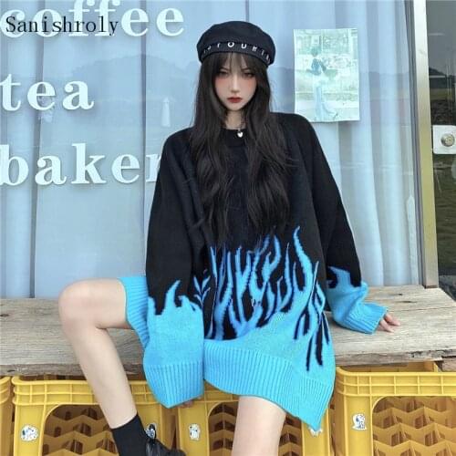 2021 Autumn Winter Oversize Sweater Women Casual Loose Knitted Pullovers Female Long Sleeve Midi Color Matching Knitwear Jumpers