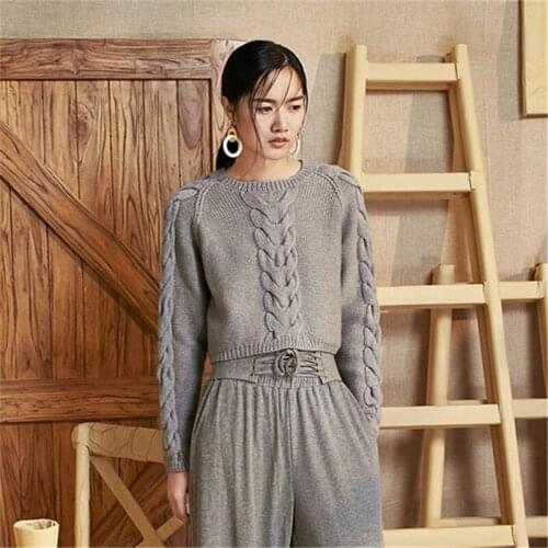 100%hand made pure wool Oneck knit women streetwear solid loose super short pullover sweater one&over size