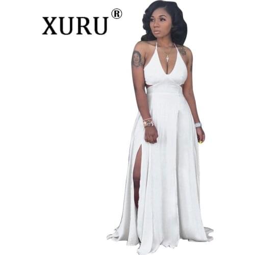 XURU Europe and America Summer Sexy Strap Dress Hot Sale Solid Color Slim Open Waist Ladies Long Dress
