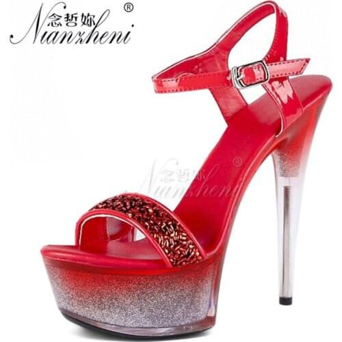 15CM Super High Stripper Heel Pole Dance Shoes Roman Buckle Strap Crystal Gradient 6 Inch Womens Platform Sandals Nightclub Sexy