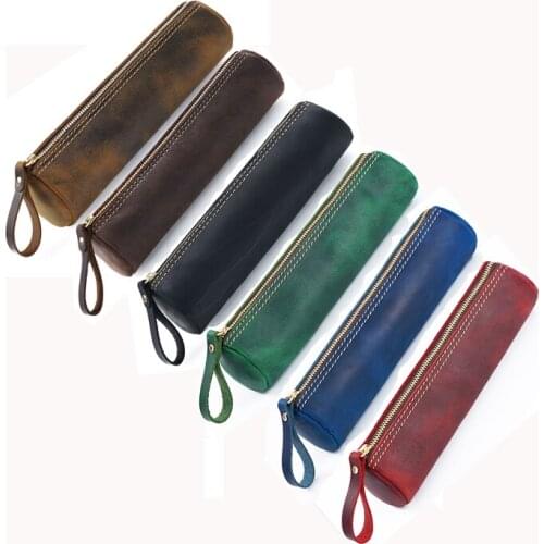 6 Pcs Genuine Leather Pencil Pouch Handmade Vintage Retro Zipper Cowhide Pen Case School Office Stationery Bag Gift Wholesale X2