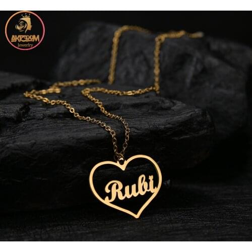 Akizoom Custom Name Love Heart Necklace One Hole Gold Color Nameplate Pendant for Women Charm Chain Jewelry Customized Gift