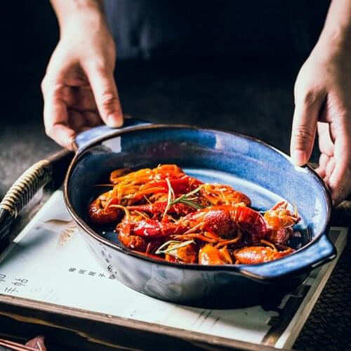 Binaural Baking Plate Baked Rice Plate Japanese Ceramic Plate Large Capacity Oval Plate Breakfast Plate Salad Fruit Plate