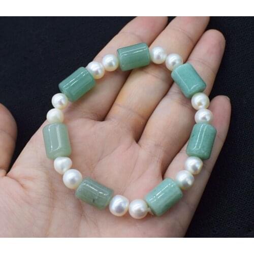 Green jade pillar frershwater pearl near round 8-9mm bracelet 8inch FPPJ wholesale beads nature gemstone