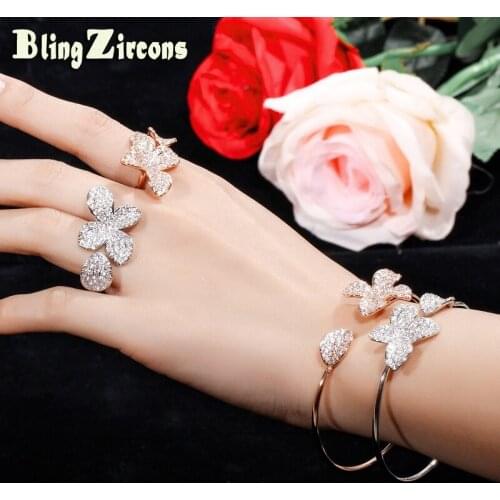 BeaQueen Brand New Adjustable Size CZ Pave Setting Leaf Flower Open Hand Cuff Bangles and Rings Jewelry Sets for Women JS176