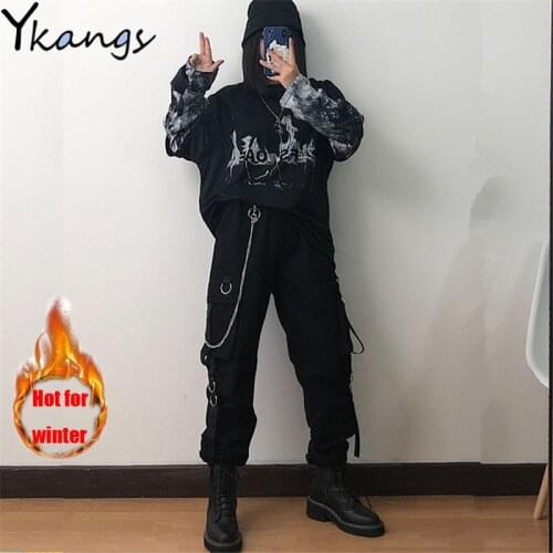 Gothic Hip Hop Cargo Pants Winter Warm Pants Joggers Women High Street Harajuku Harem Sweatpants Black Trouser Streetwear Female