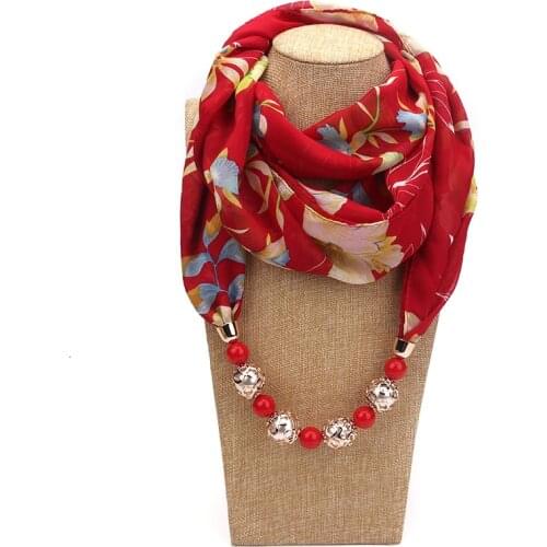 Beads Pendant Scarf Necklace Bohemia Necklaces For Women Chiffon Printed Scarves Pendant Jewelry Wrap Foulard Female Accessories