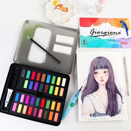 Perfect Watercolor Paint Set Art Paint Set with 36 Vibrant Colors, Brushes, Charcoal Pencil, 8PCS Paper in Metal Tin Box
