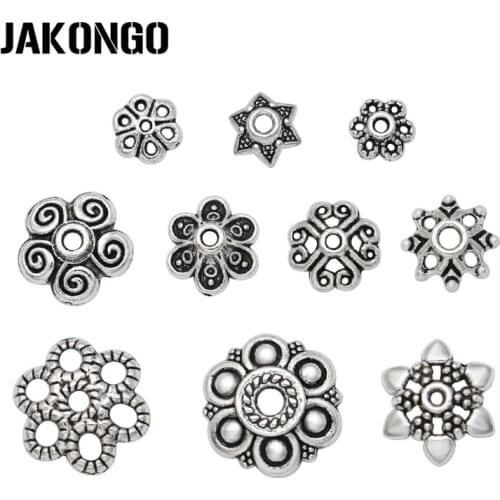 JAKONGO Antique Silver Plated Beads Caps for Jewelry Making Bracelet Jewelry Findings DIY Accessories 11styles 25g/lot