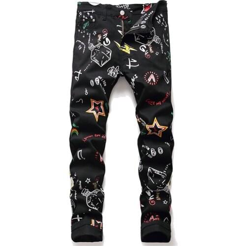 KIOVNO Fashion Men Graffiti Printed Jeans Trousers Hip Hop Stretch Denim Pants For Male Size 29-38