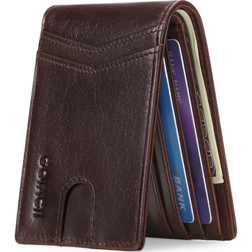 Mens Short Ultra-thin RFID Blocking Wallet Business Minimalism Wallet Genuine Leather Card Holder Money Clip Bag Purse