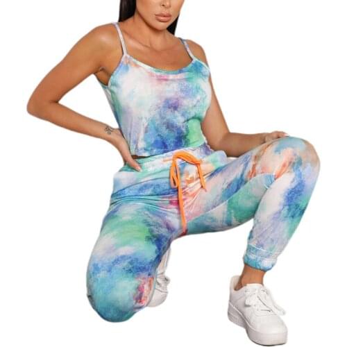 Fashion Women Running Sets Summer Tie Dyeing Sportswear Sleeveless Strappy Tank Crop Tops+Lace-up Joggers Pants Female Outfits