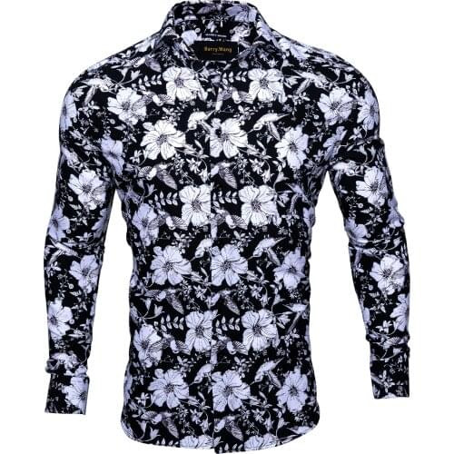 New Black Men Shirt Long Sleeves Floral Woven Vintage Print Hawaiian Shirt Men Spring Autumn Summer Shirt Casual Barry.Wang
