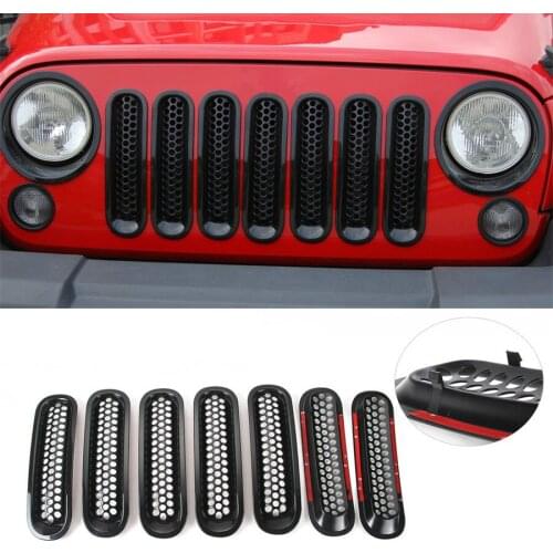 New For Jeep Wrangler 2007-15 7Pcs/Set Exterior Car Front Grill Mesh Grille Bezel With Buckle Frame Cover Trim Sticker Styling