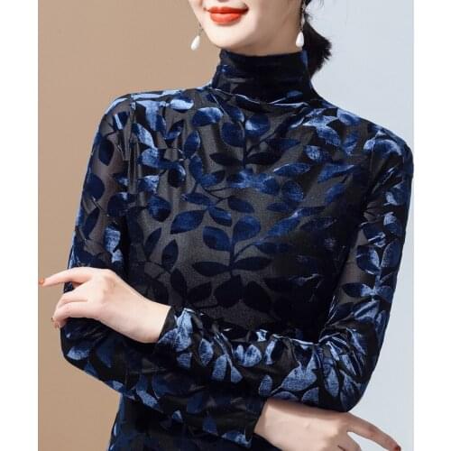 New 2021 Spring Womens T-shirt Fashion Casual Turtleneck Long sleeve Flocking Mesh Tops And Shirt Plus Sizemujer camisetas