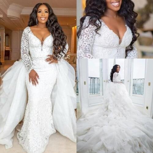 Plus Size Mermaid Wedding Dresses Long Sleeve 2021 Modern Detachable Train Lace African Garden Beach Wedding Gowns Custom