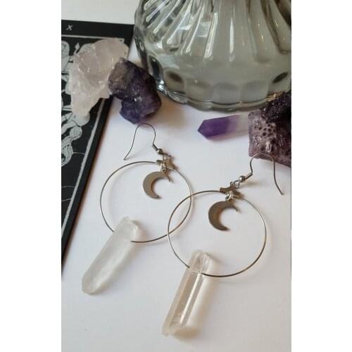 Clear Quartz Crystal Quartz Moon Hoop Earrings-Boho,Witchy,Stones,Celestial,Alternative,Nugoth,Gothic,Romantic,withcy Earrings