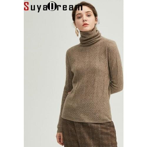 SuyaDream Women Winter Sweaters High Quality 100%Cashmere Turtleneck Pullovers 2021FW Warm Sweaters for Woman White Khaki