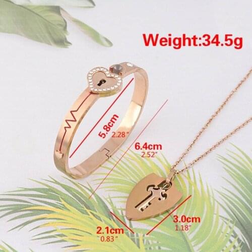 Titanium Steel 100 Different Language I Love U Heart Lock Key Couple Bracelet Necklace Nanotechnology Lover Jewelry Set