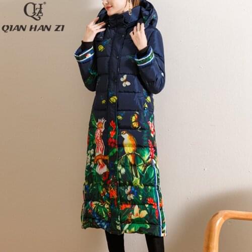 High quality 2020 Fashion Loose parka Design and color Print Vintage X-Long women down winter coat Warm Jacket Female Overcoat