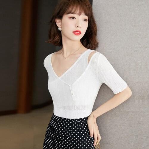High Quality Fake Two Piece Backless Women T-Shirt Summer 2021 Short Sleeve Single Breasted Irregular Gauze White Knitted Tops