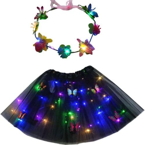 Women Kids Light Up Butterfly Tutu Skirt Blinking Wreath Wedding Birthday Princess Flower Girls Led Clothes Set Neon Glow Party