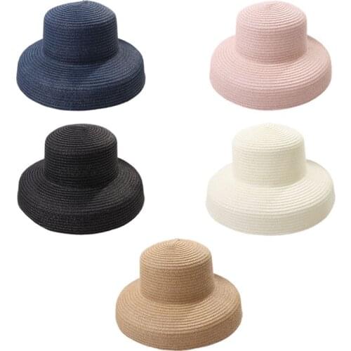 Women Summer Vintage Hepburn Straw Sun Hat Bell Shaped Wide Brim Solid Color UV Protection Travel Floppy Beach Cap