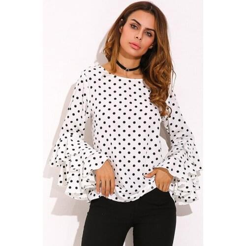 New Fashion Women Chiffon Ruffles Blouse Tops Ladies Elegant Polka Dot Printed Long Butterfly Sleeve Casual Shirt Female Blusas