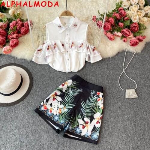ALPHALMODA 2021 Floral Printed Fresh Women Suits Ruffled Off-shoulder Shirt + High Waist Straight Shorts Trendy Summer 2pcs Set
