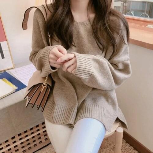 Korea dongdamen spring and autumn sweet casual lady short front and long V Neck Pullover knitted long sleeve sweater woman