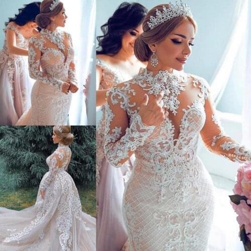 Full Lace Mermaid Wedding Dresses Overskirts Jewel Neck Long Sleeves Applique Chapel Train Wedding Dress vestidos de novia