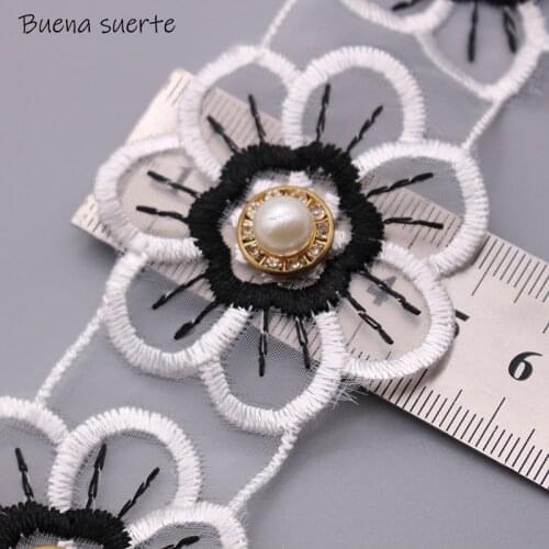 16x) 1 yard Pearl Diamond Flower Embroidered Lace Ribbon Applique Fabric Handmade DIY Clothes Sewing Craft Lace Trim Decoration