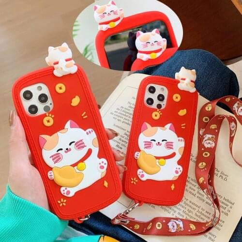 3D Cute Cartoon New Year Lucky Cat Case for iPhone 12 Mini 11 Pro XS Max XR X SE 2020 Soft Silicone Lanyard Hanging Rope Cover