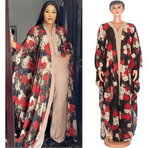 African Women Kanga Clothing Floral Print Chiffon 2PCS Suits Abaya Kimono Pants Set Africa Clothing Fashion Kaftan Loose Casual