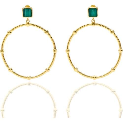 Bamboo Style Hyperhole Large Circle Earrings Green White Original Malachite Stud Earrings For Women Gold Plated Jewelry