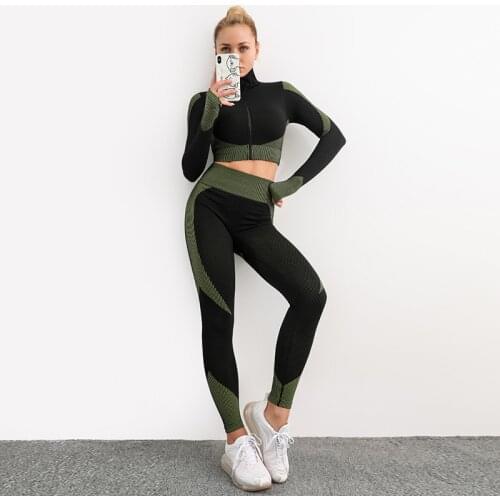 Seamless sexy zipper shirt sports yoga suit women tight long sleeve pants fitness yoga suit women