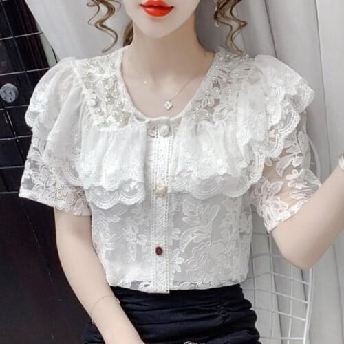 Blusas New Loose Vintage Ladies top Korean Lace Floral Vintage Embroidered Summer 2021 V collar Short sleeve Blouses shirt 938A