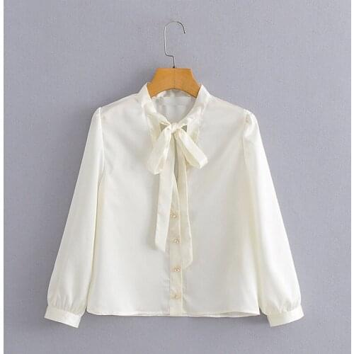 Baldauren Women 2021 Fashion Faux Pearl Buttons Cozy Blouses Vintage Bow Tied Collar Long Sleeve Female Shirts Streetwear