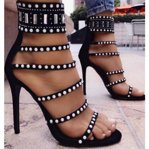 Fashion Summer Women Sandals Hot drilling Beading Casual Flock ZIP Thin Heels 12CM High Heels Open Toed Women Shoes Sexy Pumps