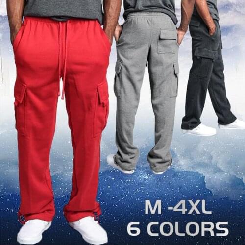 Fashion New Mens Loose Pants Casual Straight Pants Solid Color Multi-pocket Track Pants Jogging pants