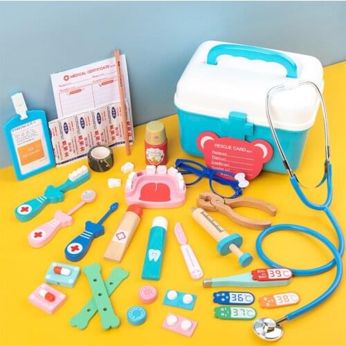 Wooden childrens simulation family doctor toy set girls injection dental medicine box toolbox