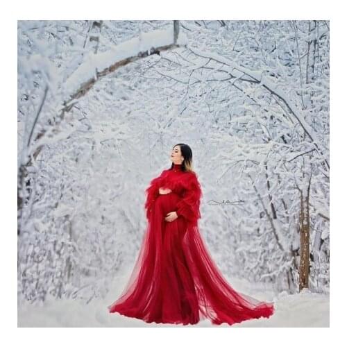 Elegant Red Tulle Pregnancy Dresses For Photo Shoot High Neck Long Sleeves Plus Size Women Custom Made Maternity Dress 2021