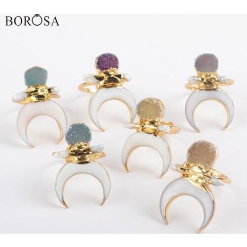 BOROSA 5Pcs Boho Gold Plating Crescent Shape Women Rings Natural White Shell & Natural Agates Druzy Adjustable Moon Rings G1861