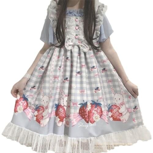 Summer Kawaii Lolita Rabbit Dress Women Cute Bunny Plaid Ruffle Lace Tutu Dress Soft Girl Sweet Strawberry Princess Dress Red