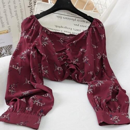 Summer Streetwear Beach Print Blouses Shirt Women Long Puff Sleeve Ruffle Short Blouse Tops Female Blusas Chiffon Square Collar