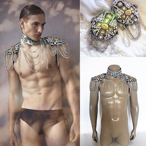 Burning Man Gogo Costume Stage Shoulder Accessories Sexy Men Catwalk Choker Flash Diamond Metal Tassel Shoulder Ornament XS2486