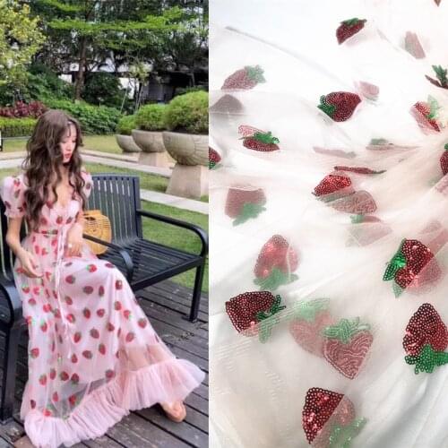New sweet and transparent strawberry sequins embroidered mesh cloth dress childrens clothing gauze skirt home decoration fabric